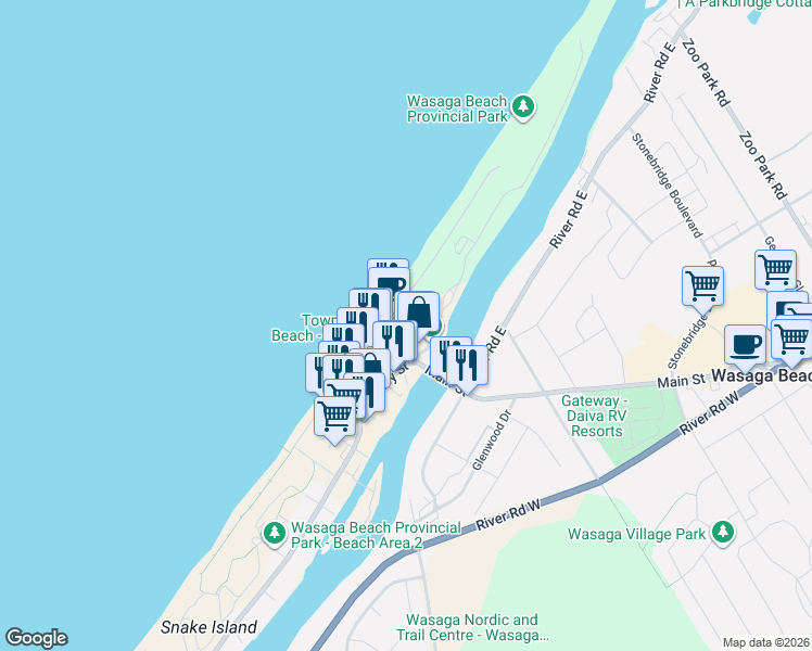 map of restaurants, bars, coffee shops, grocery stores, and more near 9 Main Street in Wasaga Beach