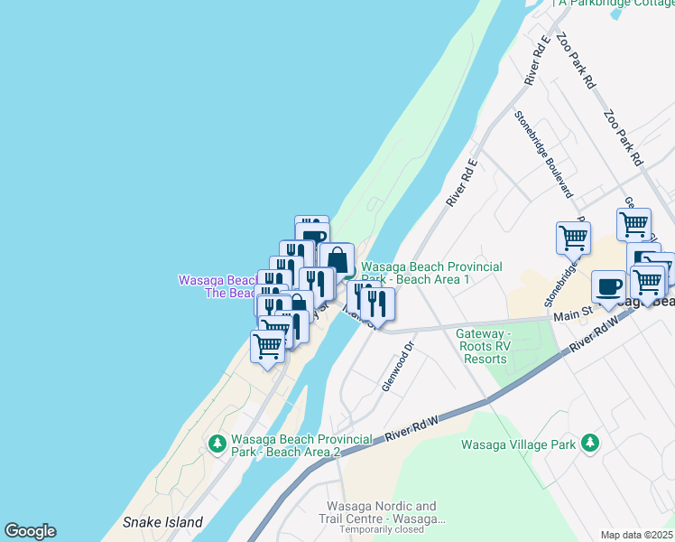 map of restaurants, bars, coffee shops, grocery stores, and more near Spruce Street in Wasaga Beach