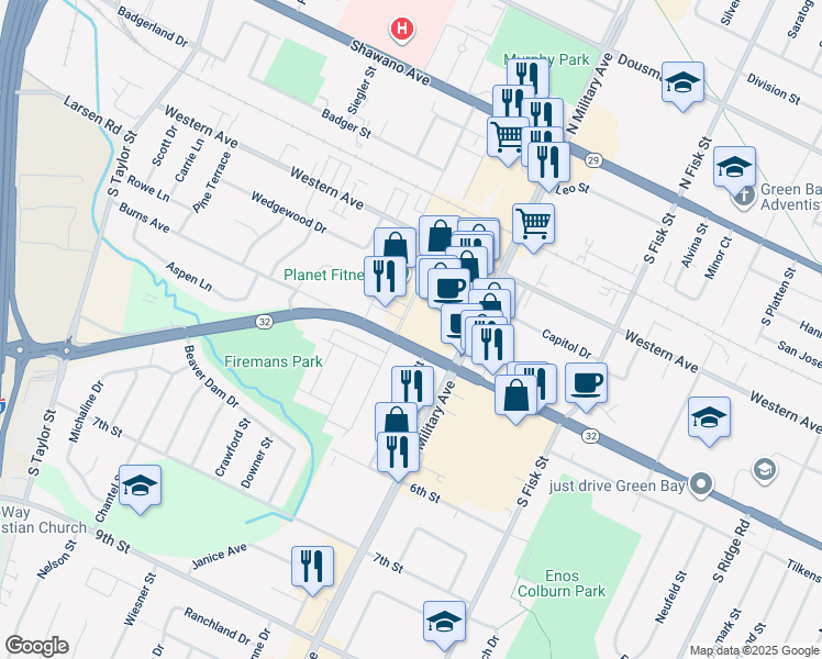 map of restaurants, bars, coffee shops, grocery stores, and more near 1610 West Mason Street in Green Bay