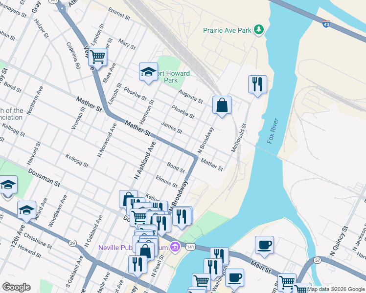 map of restaurants, bars, coffee shops, grocery stores, and more near 509 Mather Street in Green Bay