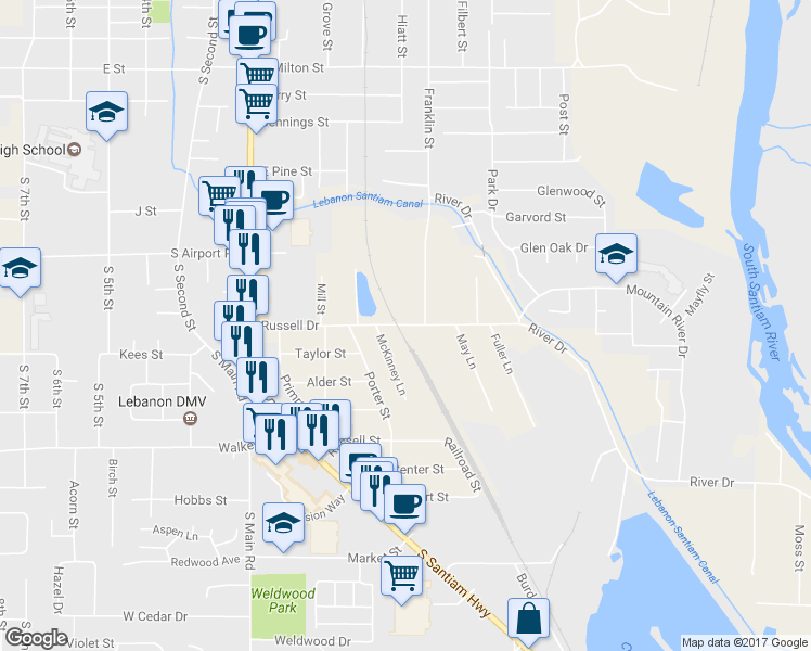 map of restaurants, bars, coffee shops, grocery stores, and more near 398 Russell Drive in Lebanon