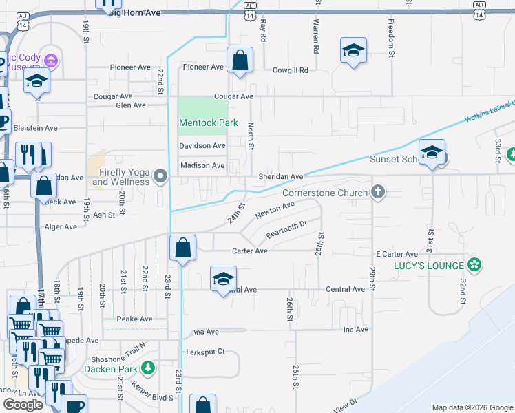 map of restaurants, bars, coffee shops, grocery stores, and more near 2531 Newton Lane in Cody