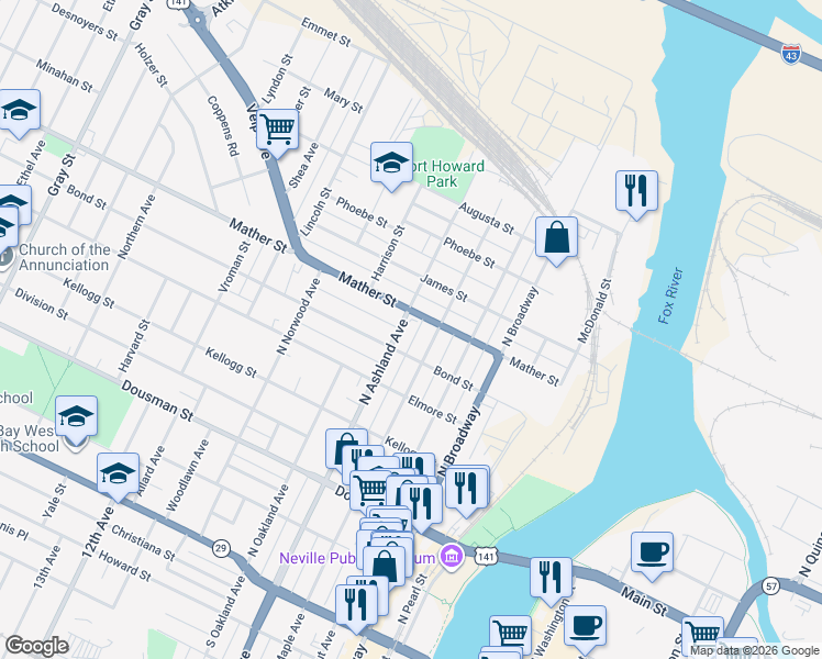 map of restaurants, bars, coffee shops, grocery stores, and more near 612 Bond Street in Green Bay