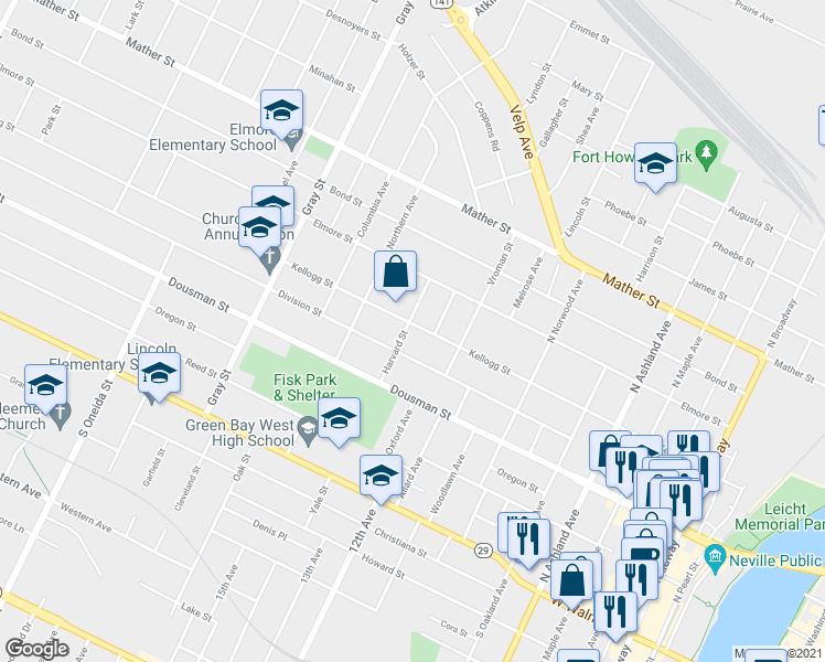 map of restaurants, bars, coffee shops, grocery stores, and more near 336 Harvard Street in Green Bay