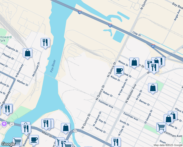 map of restaurants, bars, coffee shops, grocery stores, and more near 501 Eastman Avenue in Green Bay