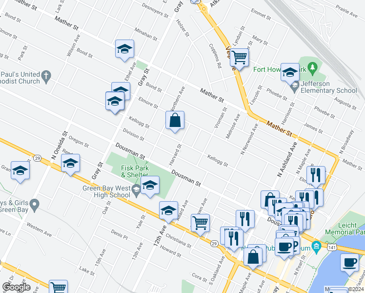 map of restaurants, bars, coffee shops, grocery stores, and more near 949 Kellogg Street in Green Bay