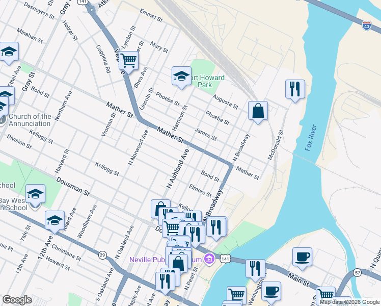 map of restaurants, bars, coffee shops, grocery stores, and more near 612 Bond Street in Green Bay