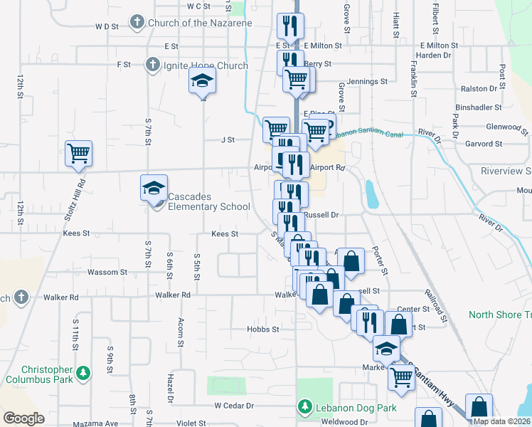 map of restaurants, bars, coffee shops, grocery stores, and more near 2071 South Second Street in Lebanon