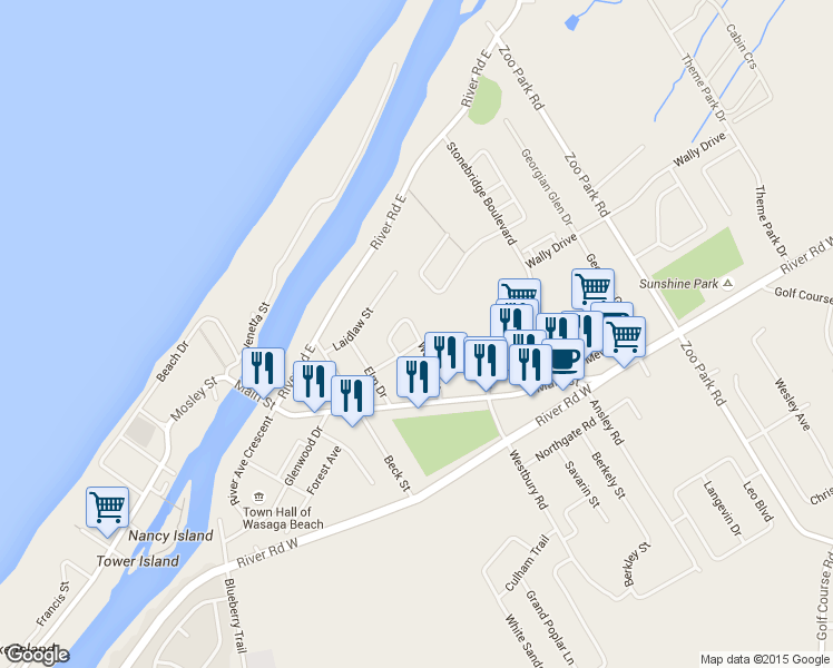 map of restaurants, bars, coffee shops, grocery stores, and more near Park Drive in Wasaga Beach