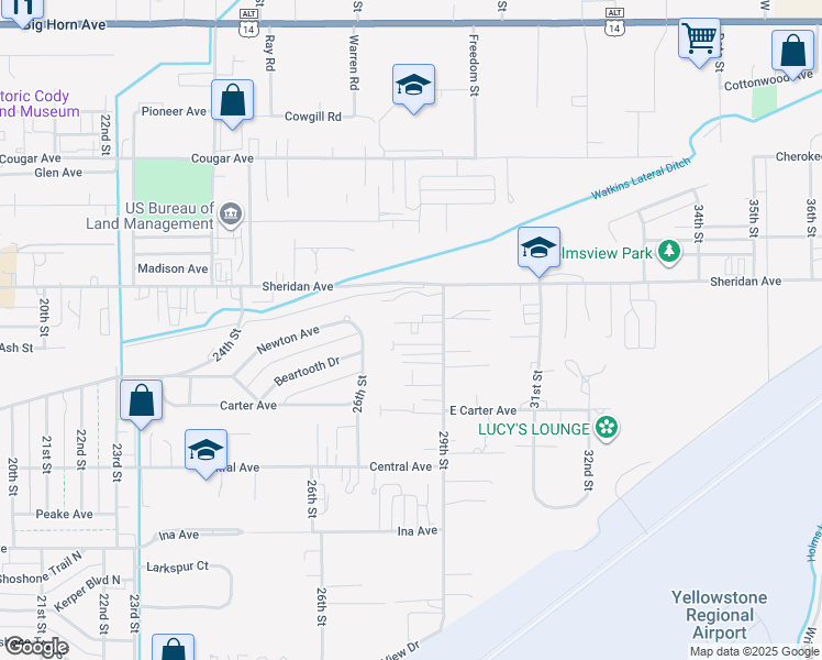 map of restaurants, bars, coffee shops, grocery stores, and more near 2817 Lincoln Avenue in Cody