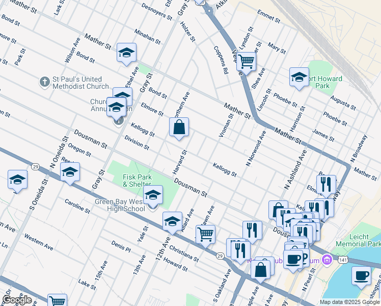 map of restaurants, bars, coffee shops, grocery stores, and more near 336 Harvard Street in Green Bay