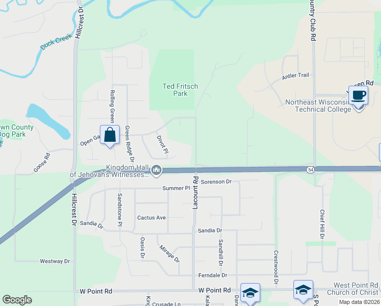 map of restaurants, bars, coffee shops, grocery stores, and more near 1024 Lacount Road in Green Bay