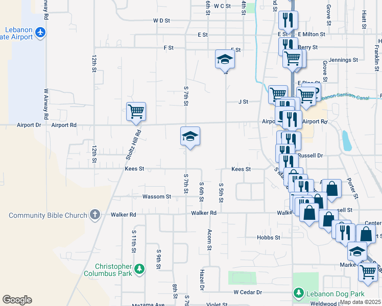 map of restaurants, bars, coffee shops, grocery stores, and more near 2163 South 7th Street in Lebanon