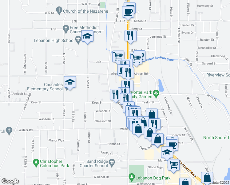 map of restaurants, bars, coffee shops, grocery stores, and more near 2051 South Second Street in Lebanon