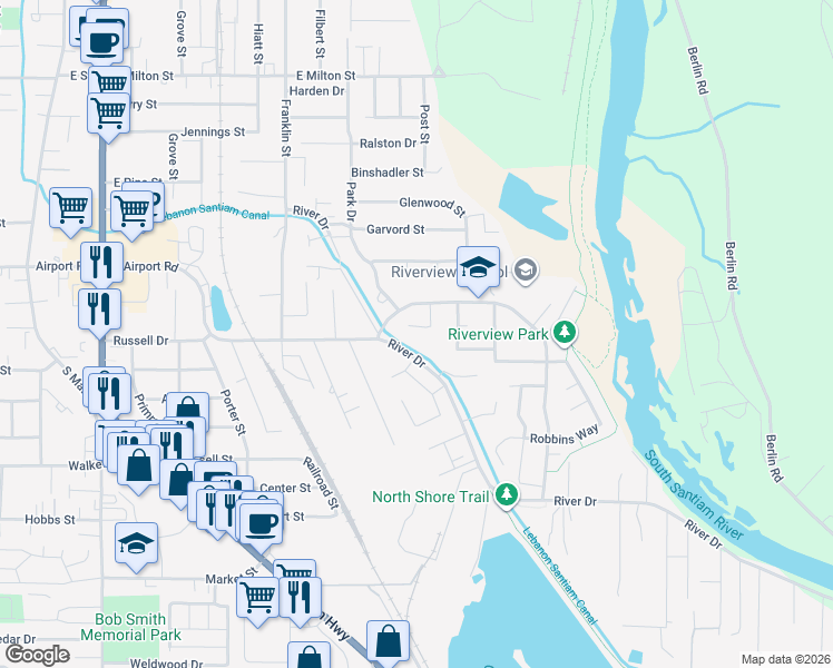 map of restaurants, bars, coffee shops, grocery stores, and more near 37591 River Drive in Lebanon