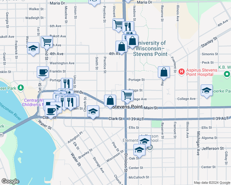 map of restaurants, bars, coffee shops, grocery stores, and more near 1609 Briggs Street in Stevens Point