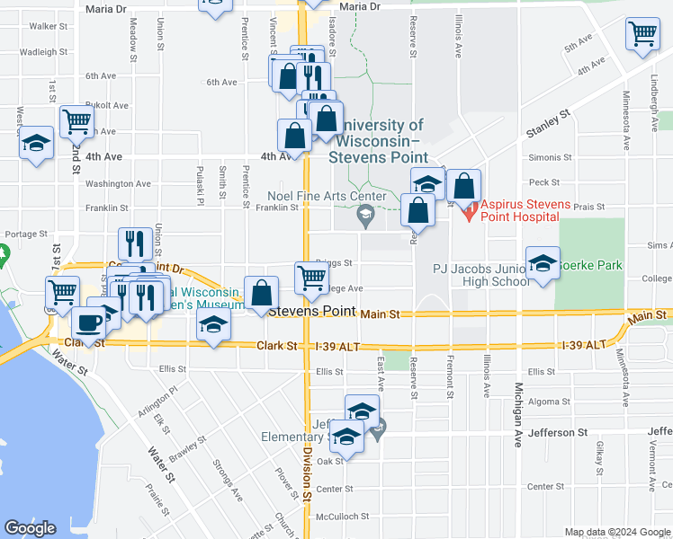 map of restaurants, bars, coffee shops, grocery stores, and more near 1726 College Avenue in Stevens Point