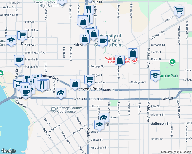 map of restaurants, bars, coffee shops, grocery stores, and more near 1726 College Avenue in Stevens Point