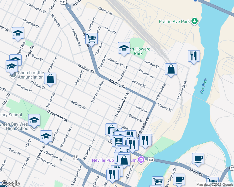 map of restaurants, bars, coffee shops, grocery stores, and more near 711 Bond Street in Green Bay