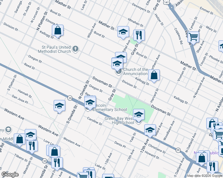map of restaurants, bars, coffee shops, grocery stores, and more near 240 Gray Street in Green Bay