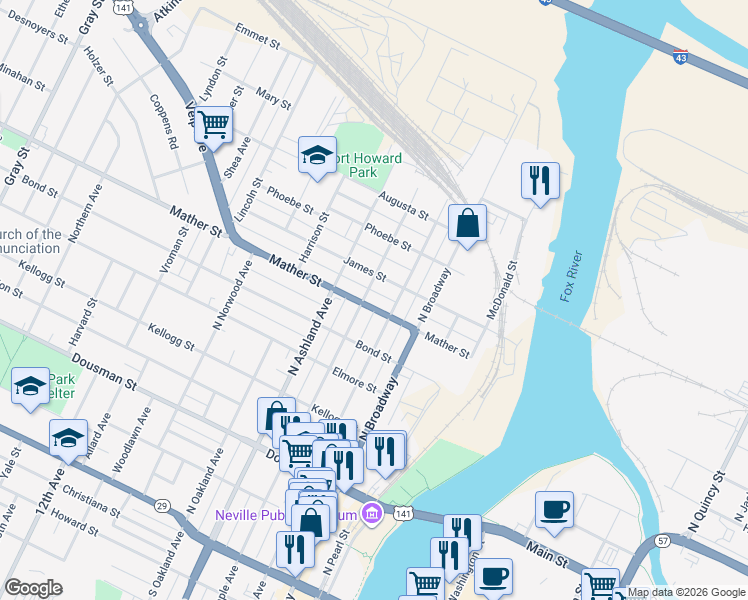 map of restaurants, bars, coffee shops, grocery stores, and more near 514 Mather Street in Green Bay