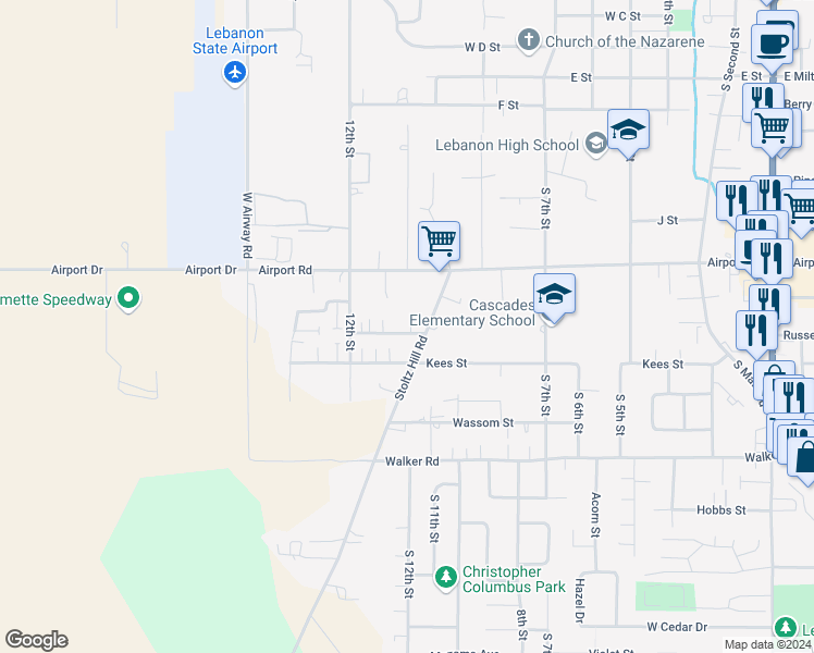 map of restaurants, bars, coffee shops, grocery stores, and more near 993 Antioch Street in Lebanon
