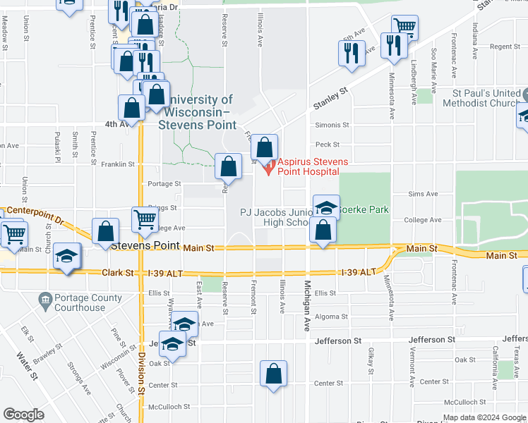 map of restaurants, bars, coffee shops, grocery stores, and more near 2209 Sims Avenue in Stevens Point