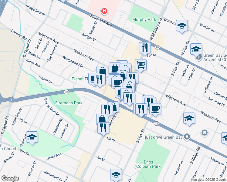map of restaurants, bars, coffee shops, grocery stores, and more near 1616 West Mason Street in Green Bay