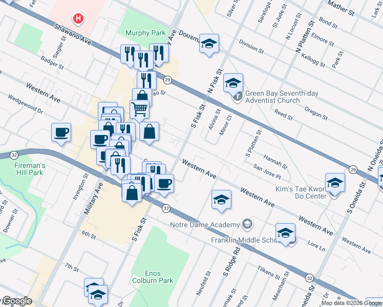 map of restaurants, bars, coffee shops, grocery stores, and more near 1432 Western Avenue in Green Bay