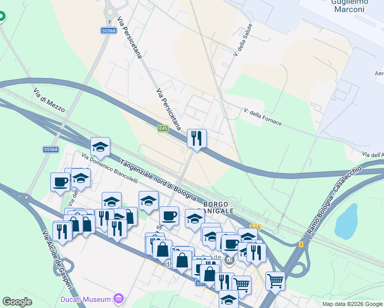 map of restaurants, bars, coffee shops, grocery stores, and more near 6 Via della Salute in Bologna