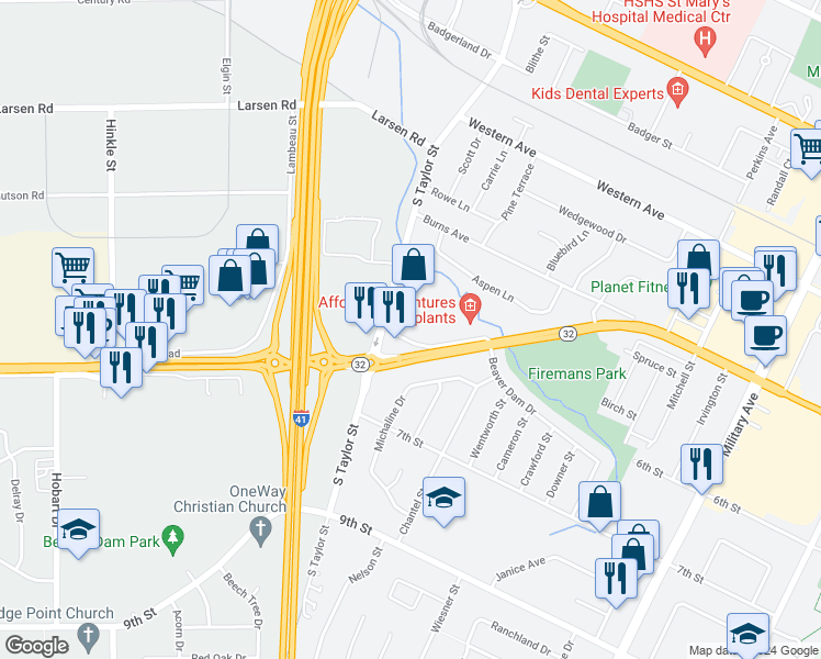 map of restaurants, bars, coffee shops, grocery stores, and more near 1850 Frontage Road in Green Bay