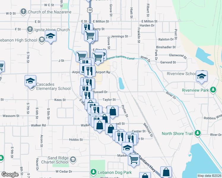 map of restaurants, bars, coffee shops, grocery stores, and more near 2230 Willow Street in Lebanon