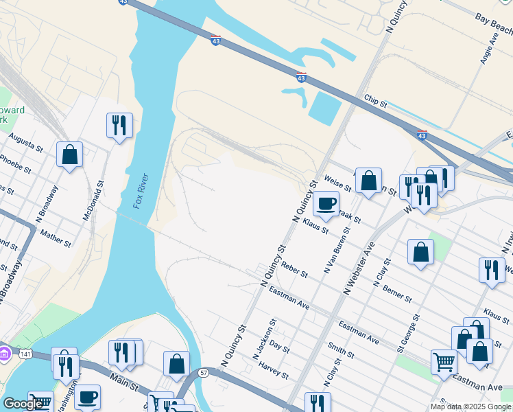 map of restaurants, bars, coffee shops, grocery stores, and more near 501 Eastman Avenue in Green Bay