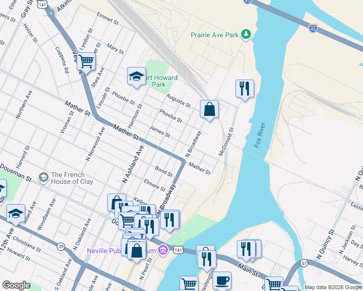 map of restaurants, bars, coffee shops, grocery stores, and more near 404 Mather Street in Green Bay