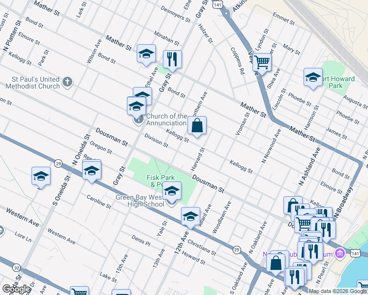 map of restaurants, bars, coffee shops, grocery stores, and more near 979 Division Street in Green Bay