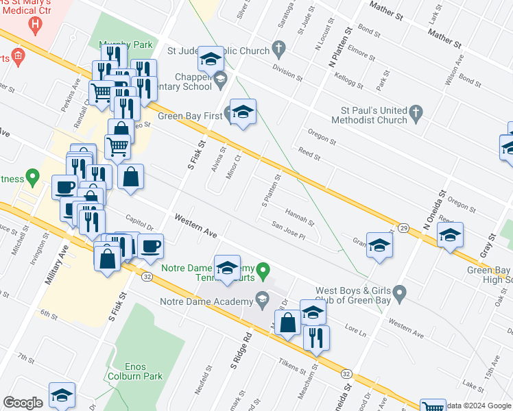 map of restaurants, bars, coffee shops, grocery stores, and more near 228 South Platten Street in Green Bay