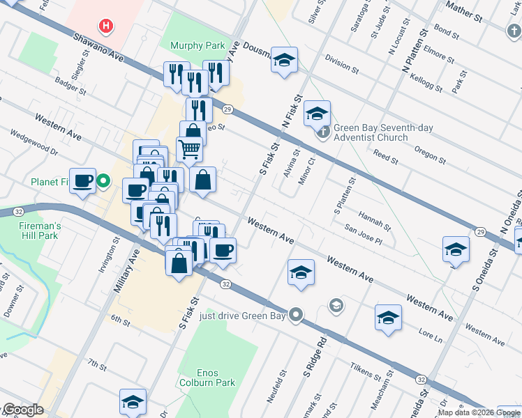 map of restaurants, bars, coffee shops, grocery stores, and more near 1432 Western Avenue in Green Bay