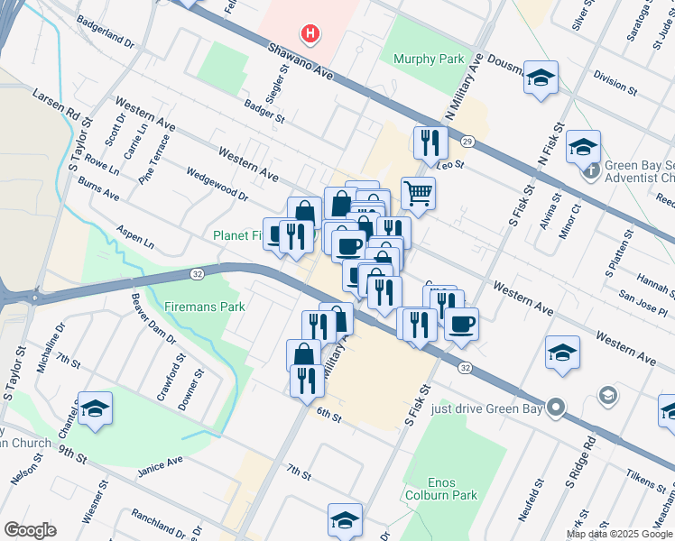 map of restaurants, bars, coffee shops, grocery stores, and more near 1610 West Mason Street in Green Bay