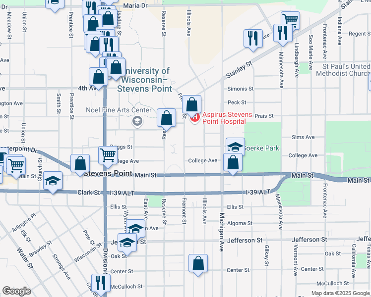 map of restaurants, bars, coffee shops, grocery stores, and more near 1108 Fremont Street in Stevens Point