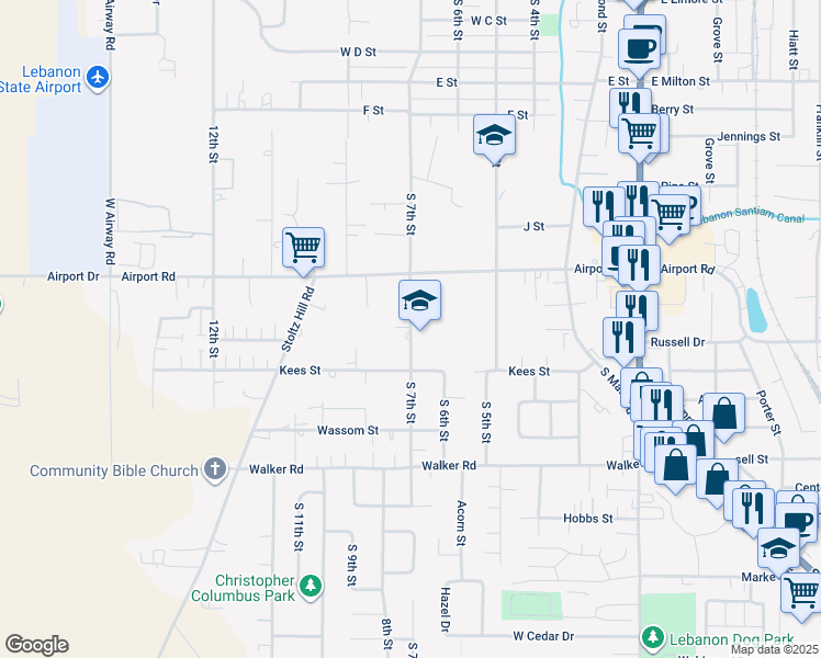 map of restaurants, bars, coffee shops, grocery stores, and more near 2163 South 7th Street in Lebanon