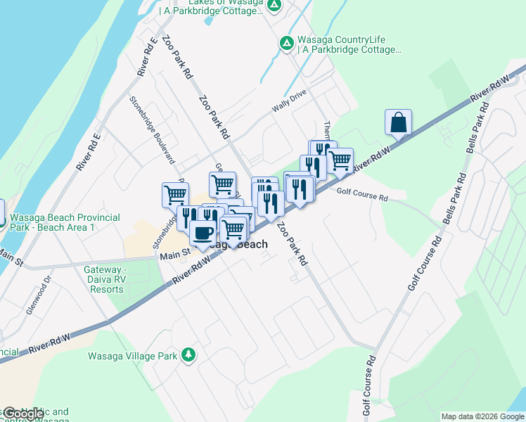 map of restaurants, bars, coffee shops, grocery stores, and more near 673 River Road West in Wasaga Beach