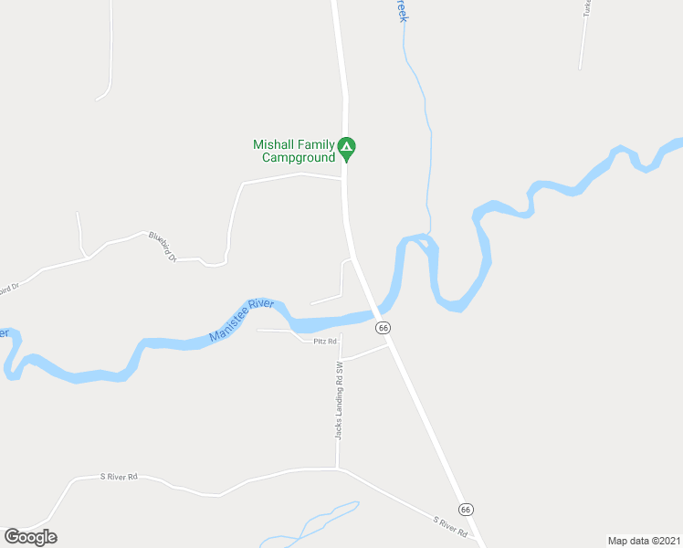 map of restaurants, bars, coffee shops, grocery stores, and more near Blue Bird Drive in Kalkaska County