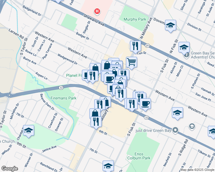 map of restaurants, bars, coffee shops, grocery stores, and more near 1616 West Mason Street in Green Bay