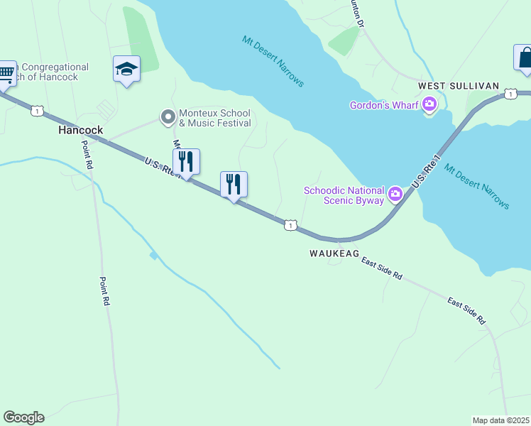 map of restaurants, bars, coffee shops, grocery stores, and more near 1568 U.S. 1 in Hancock