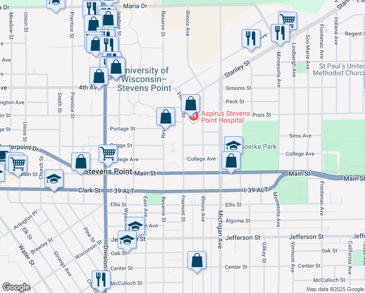 map of restaurants, bars, coffee shops, grocery stores, and more near 1108 Fremont Street in Stevens Point