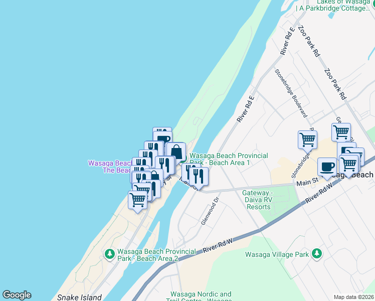 map of restaurants, bars, coffee shops, grocery stores, and more near 1 Jenetta Street in Wasaga Beach