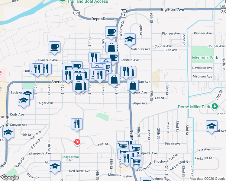 map of restaurants, bars, coffee shops, grocery stores, and more near 1520 Beck Avenue in Cody