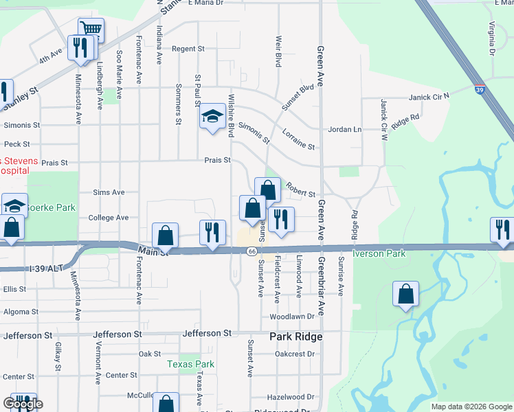 map of restaurants, bars, coffee shops, grocery stores, and more near 77 Sunset Boulevard in Stevens Point