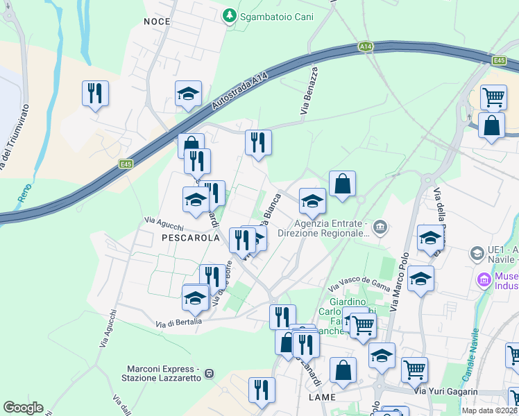 map of restaurants, bars, coffee shops, grocery stores, and more near 38 Via Molino di Pescarola in Bologna