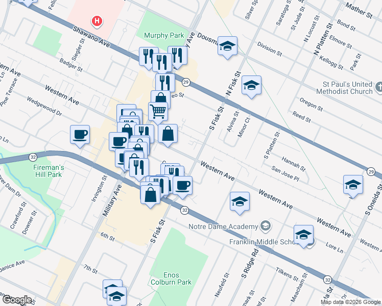 map of restaurants, bars, coffee shops, grocery stores, and more near 401 South Fisk Street in Green Bay